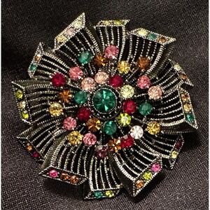 Multicolor Rhinestone Dimensional Pin Brooch Flower Whimsical Dark Fairy Goth